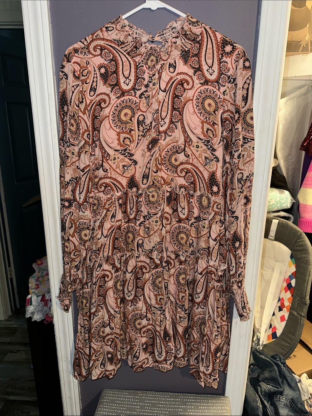 Anthropologie Blush Paisley Long-Sleeve Tiered Dress